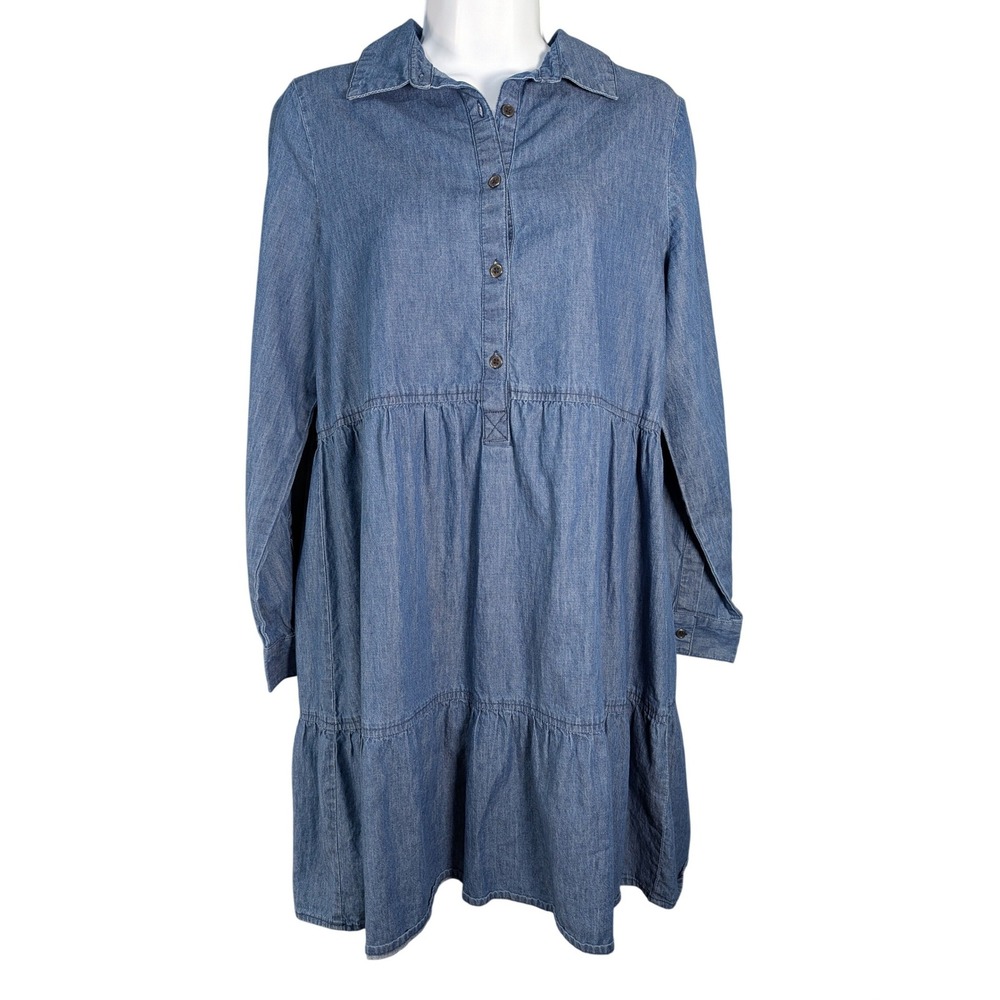 Linda Anderson Womens Blue Denim Tiered Babydoll Dress Long Sleeve Cotton Small